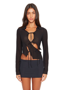 Womens | Sheer Long Sleeve Tie Top | Black