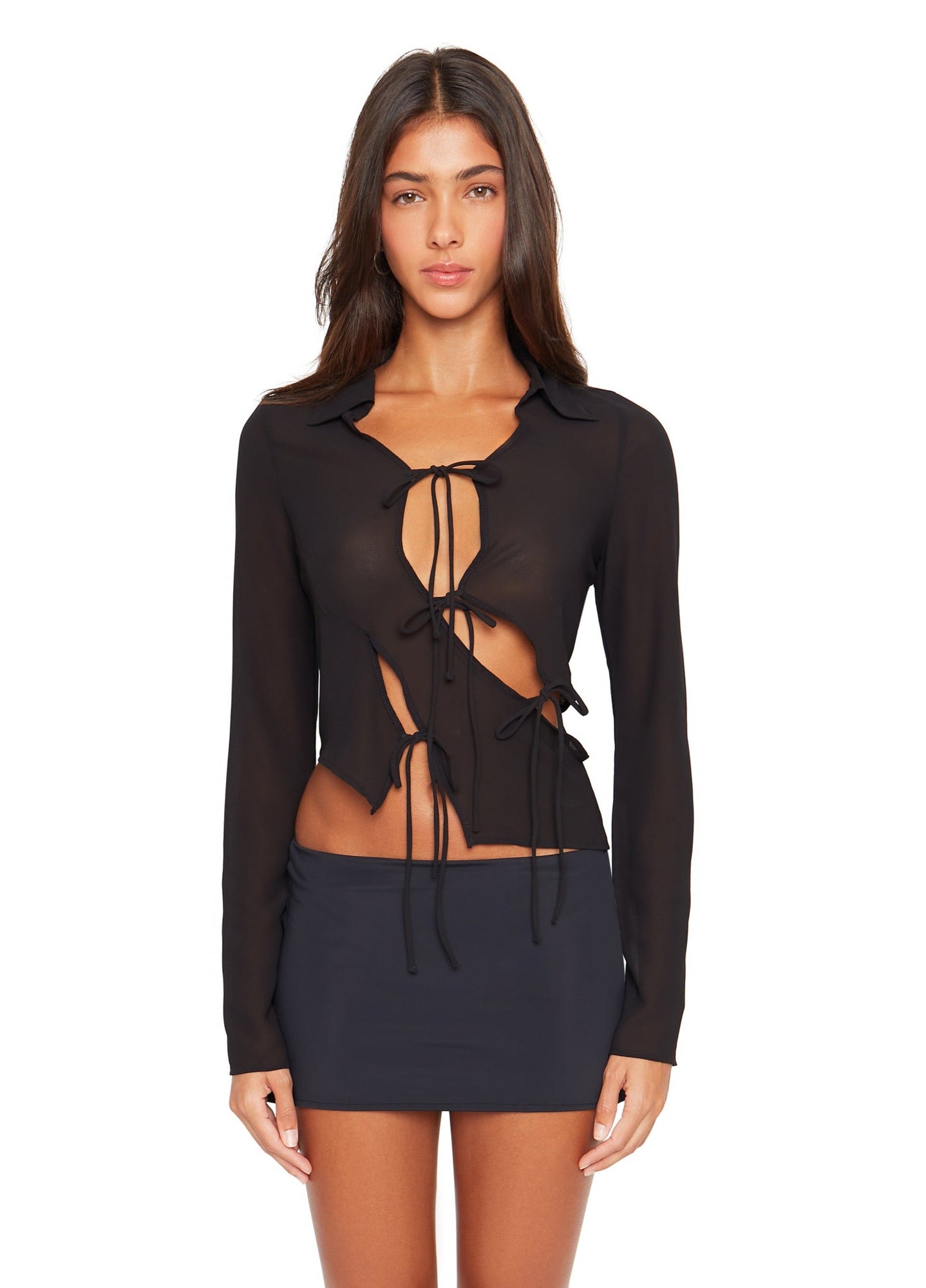 Womens | Sheer Long Sleeve Tie Top | Black