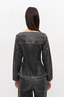 Shimmery Foil Denim Blazer | Washed Black/Black