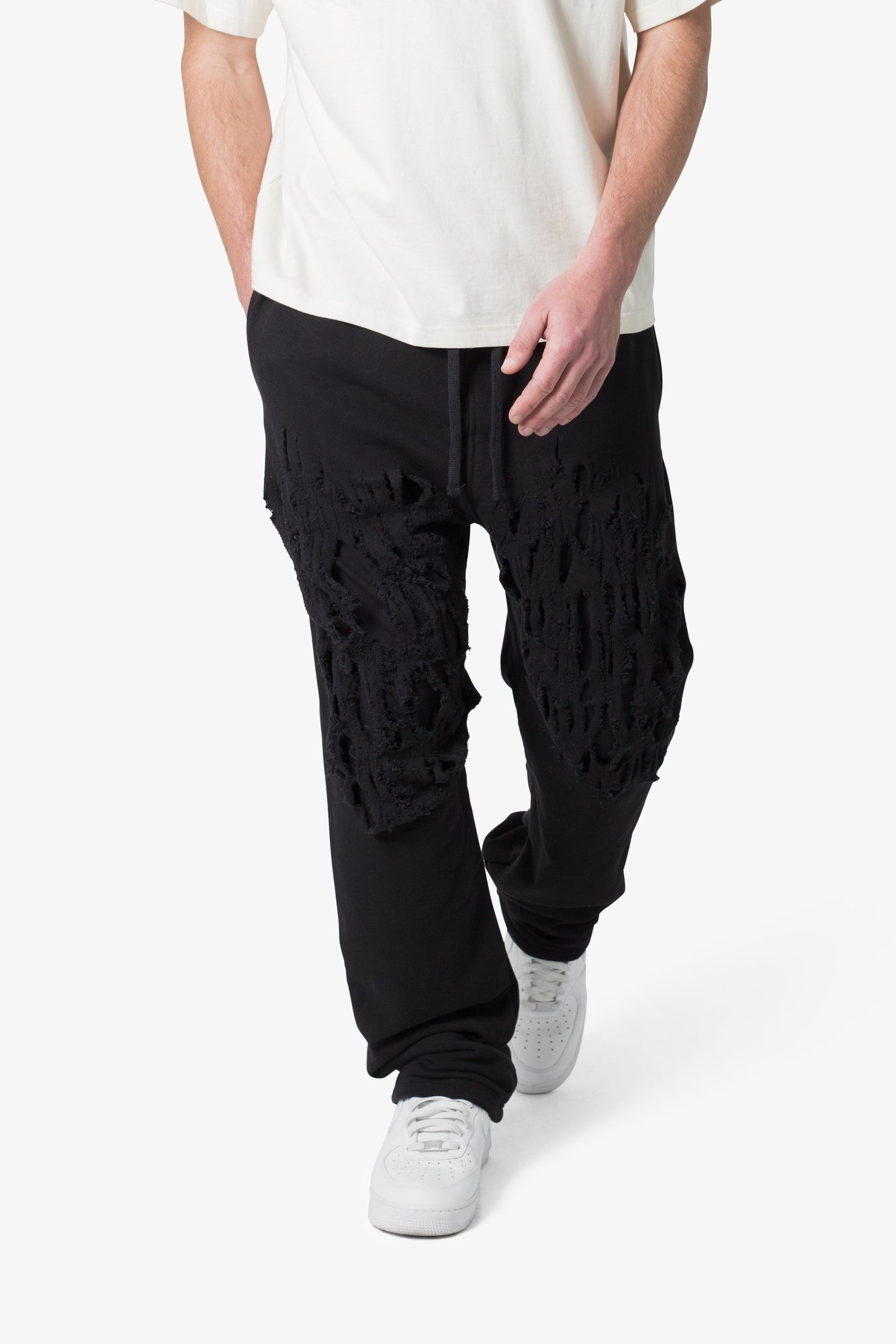 Shredded Layered Baggy Sweatpants | Black
