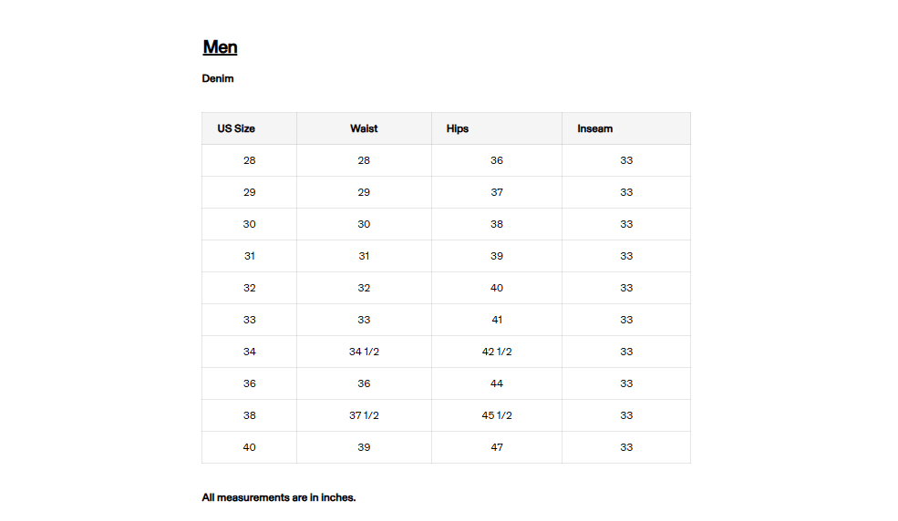 Product size guide