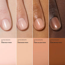Four close-up images of hands with different skin tones highlight nails polished in sheer, natural shades. Each displays Manucurist Starter Routine - Ridged Nails in Rosy, Beige, Golden, or Bronze—ideal after cuticle oil or nail care.