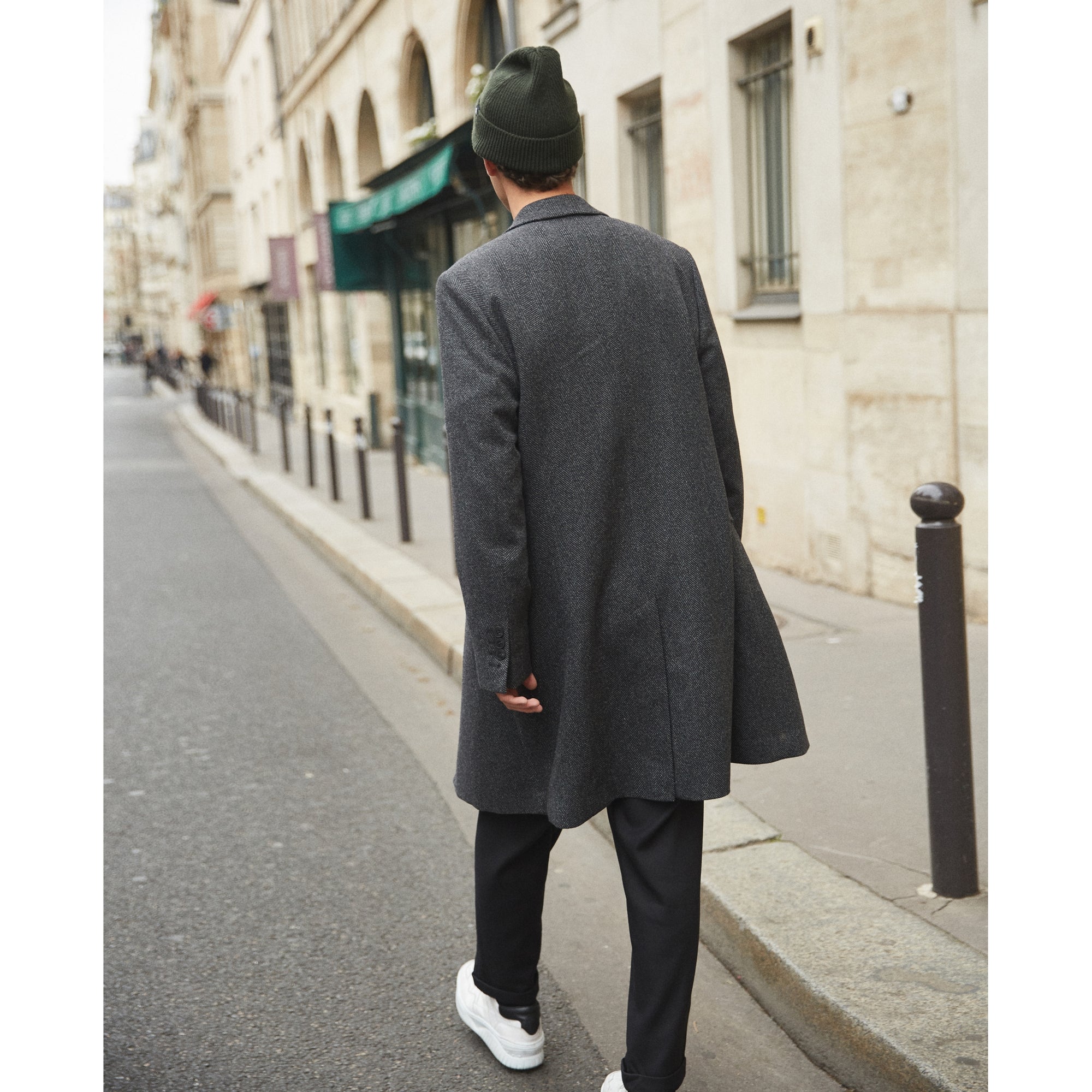 Straight-Cut Chevron Wool Coat | Men | Black Grey