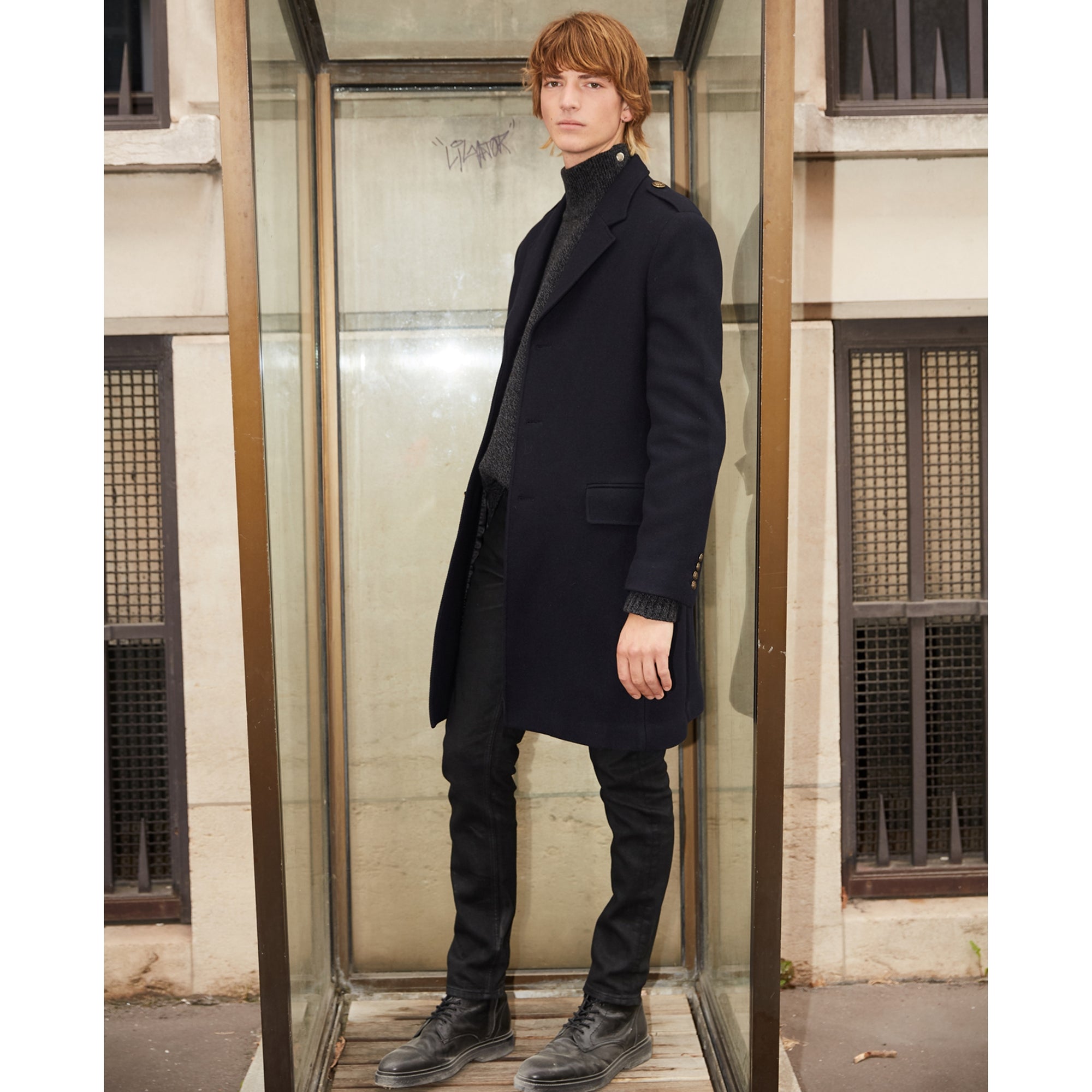 Straight Fit Wool Coat With Martingale Belt | Men | Navy