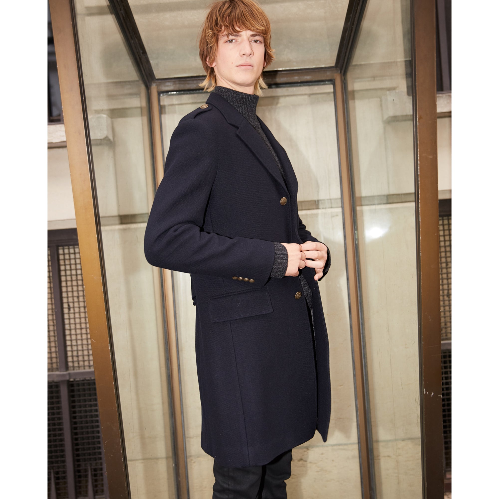 Straight Fit Wool Coat With Martingale Belt | Men | Navy