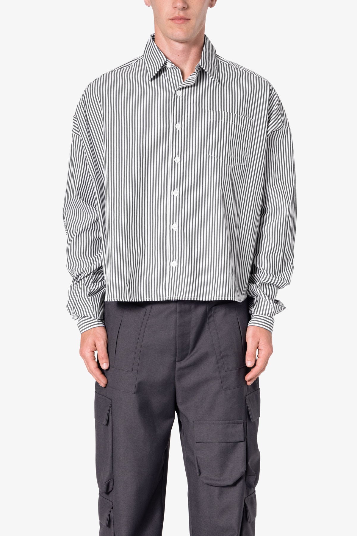 Striped Cropped Button Down Shirt | Black