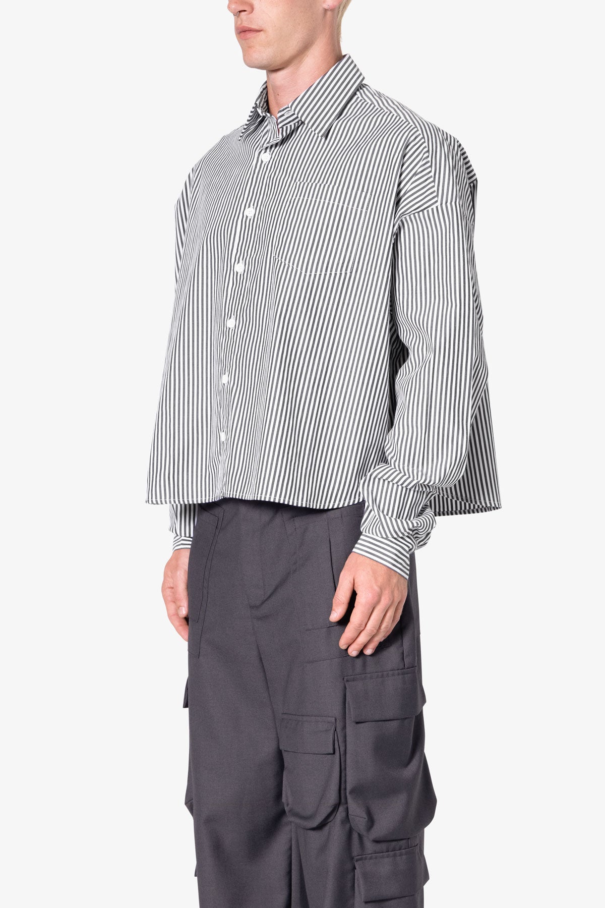 Striped Cropped Button Down Shirt | Black