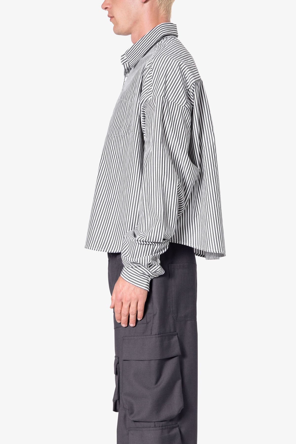 Striped Cropped Button Down Shirt | Black
