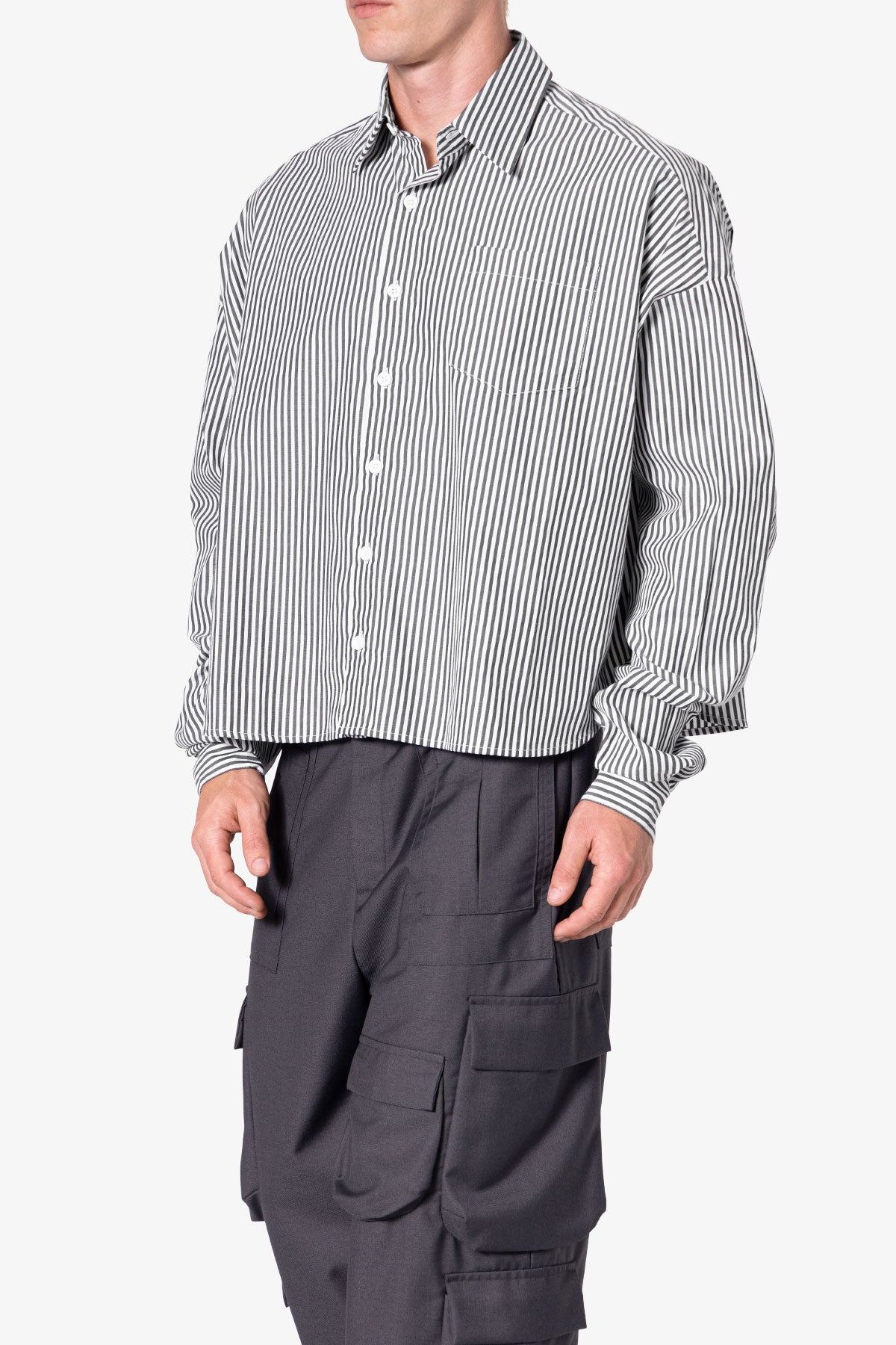 Striped Cropped Button Down Shirt | Black