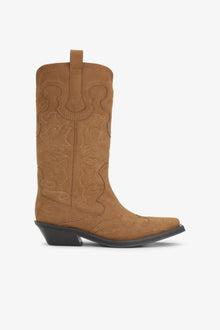 Suede Mid Shaft Embroidered Western Boots | Tobacco Brown