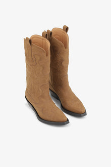 Suede Mid Shaft Embroidered Western Boots | Tobacco Brown