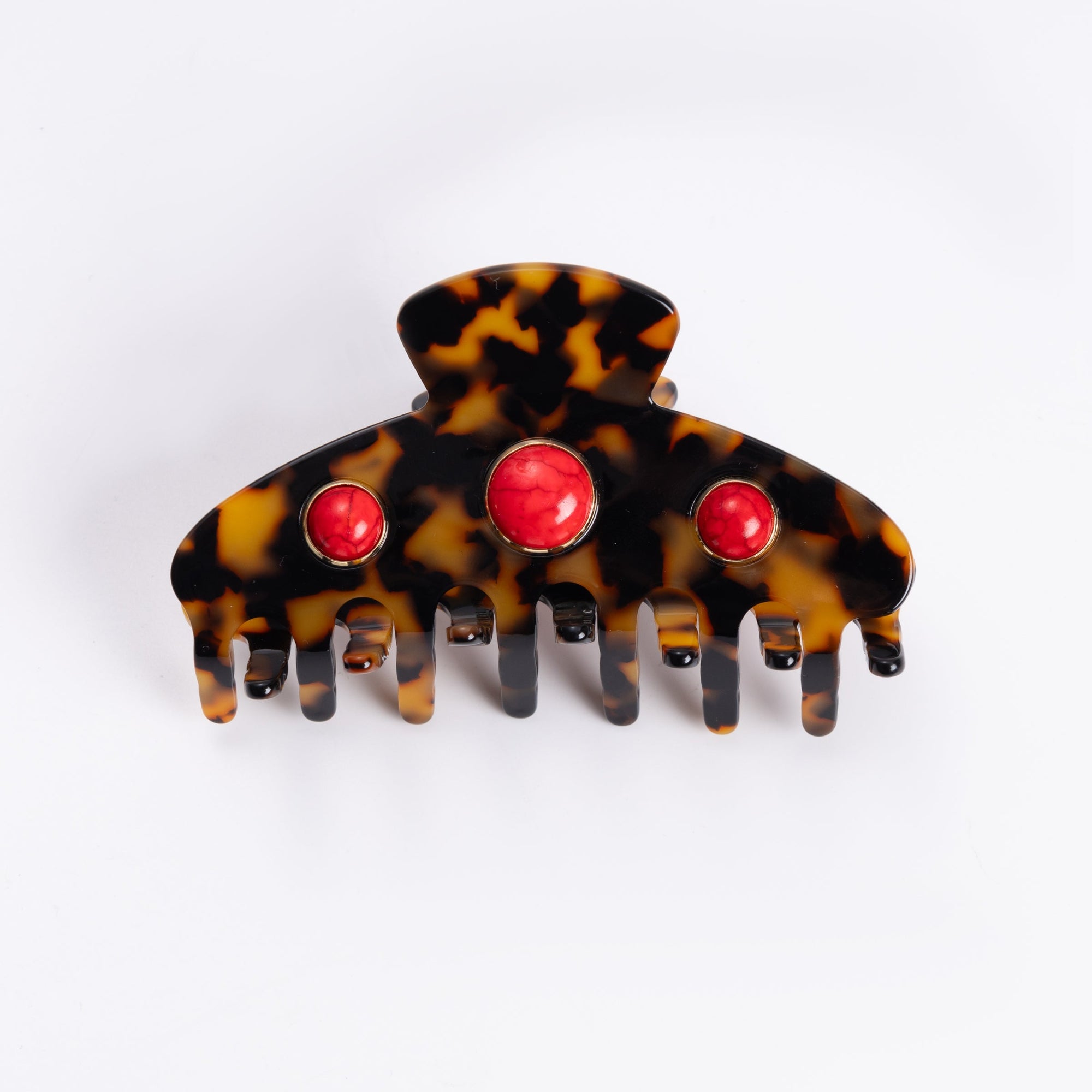 Bezel Stone Hair Clip | Red Stone | Tortoise Brown