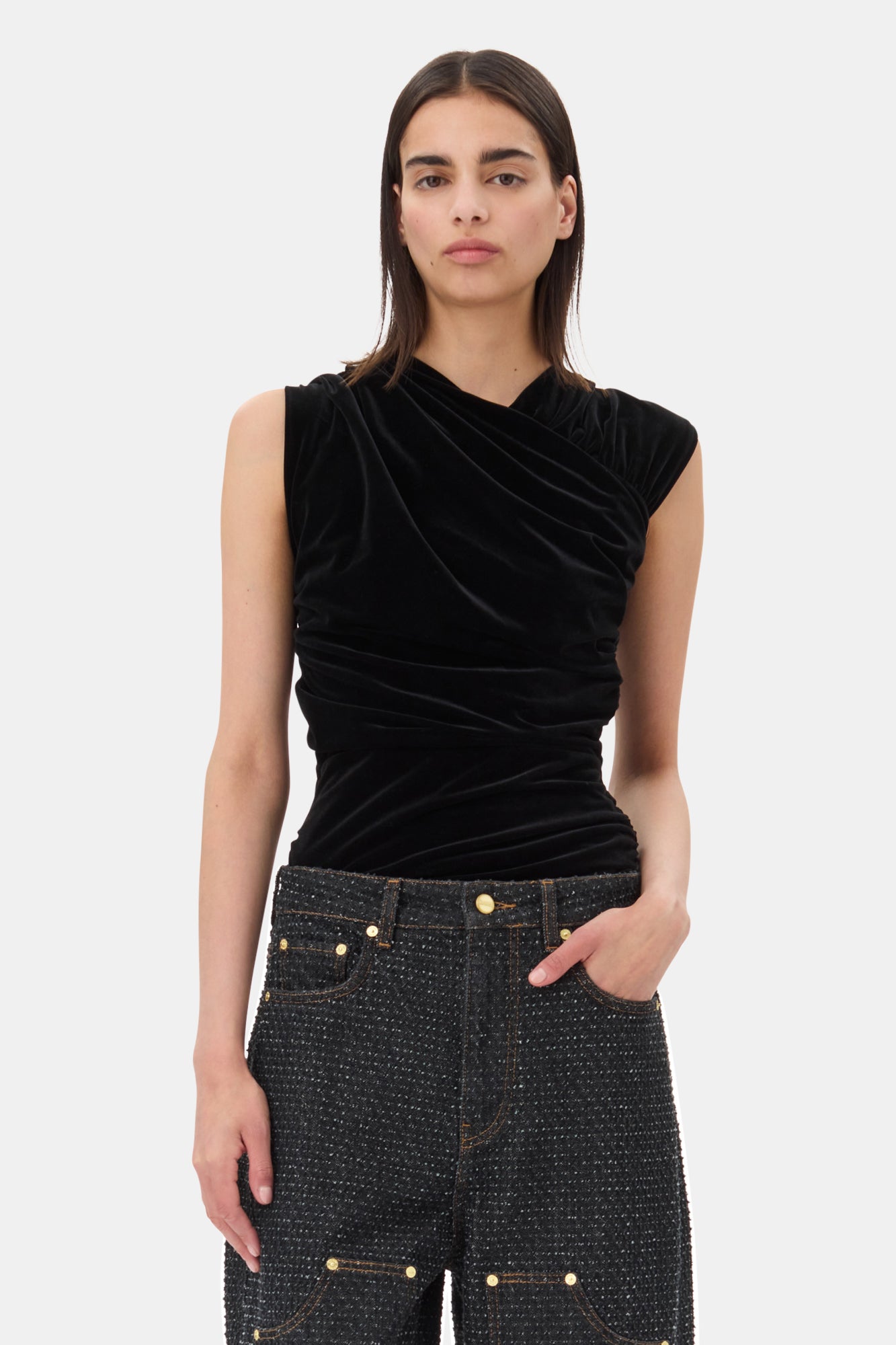 Velvet Jersey Ruched Crossover Blouse | Black