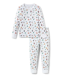 Kid's Pima Snug Fit Pajama Set in Merry Meow features a long-sleeve button-up top and matching pants with winter and holiday-themed prints of cats, trees, presents, and snowmen on a white background.