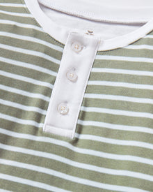 The Kid's Pima Snug Fit Pajama Set in Sage Stripe features green and white horizontal stripes, long sleeves, white cuffs at wrists and ankles, and a small button placket on the shirt. The set is displayed flat on a white background.