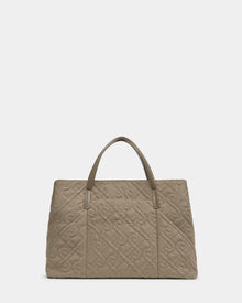 The ASMINE - L325005 Almond tote by Rudsak features a taupe hue, embossed geometric pattern, and double handles. Stylish and versatile, it’s the perfect bag for any occasion. Shown here against a plain white background.