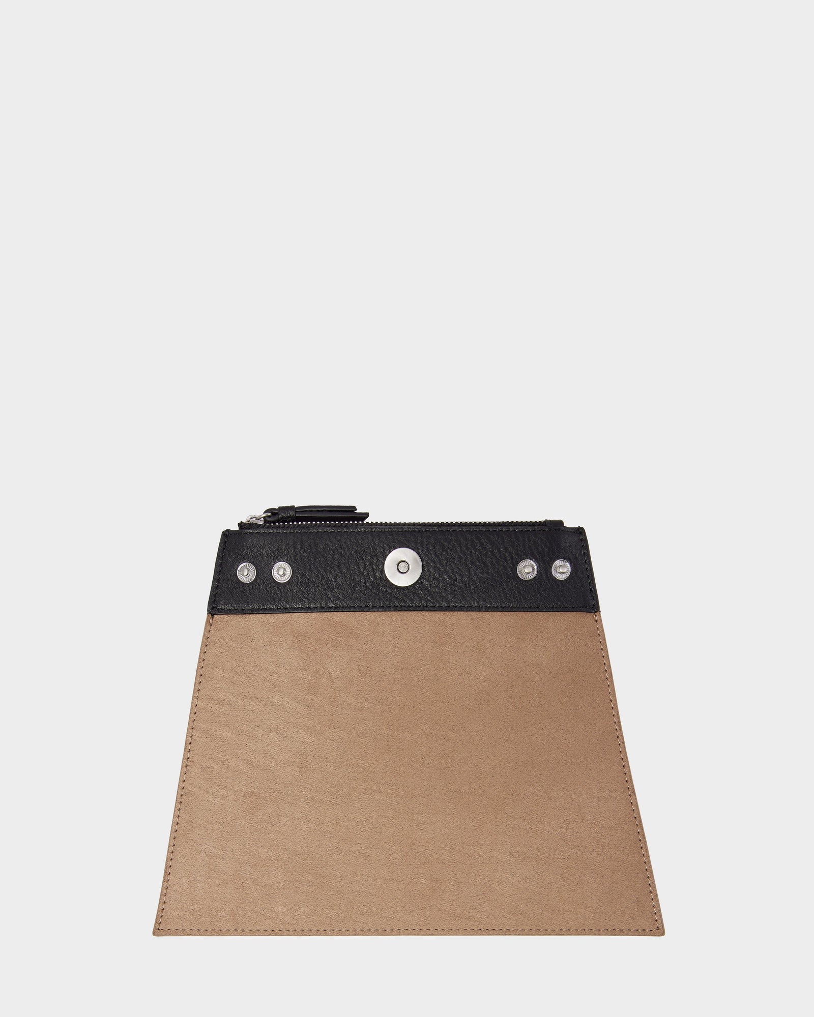 The Rudsak CATIRA S - 8325006 Black is a trapezoid-shaped beige pouch with a black leather top, silver snap buttons, a zipper closure, and a removable shoulder strap, displayed on a plain white background.