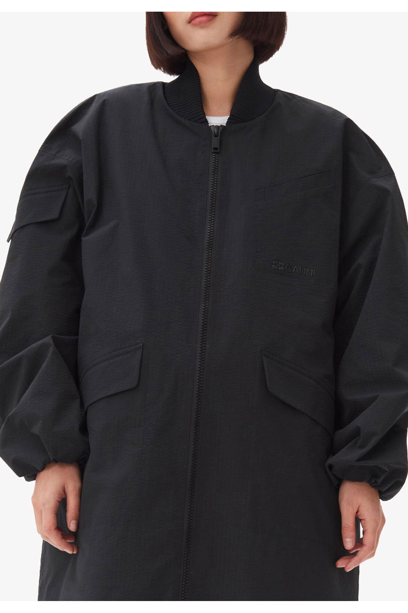 Tech Seersucker Oversized Shell Coat | Black