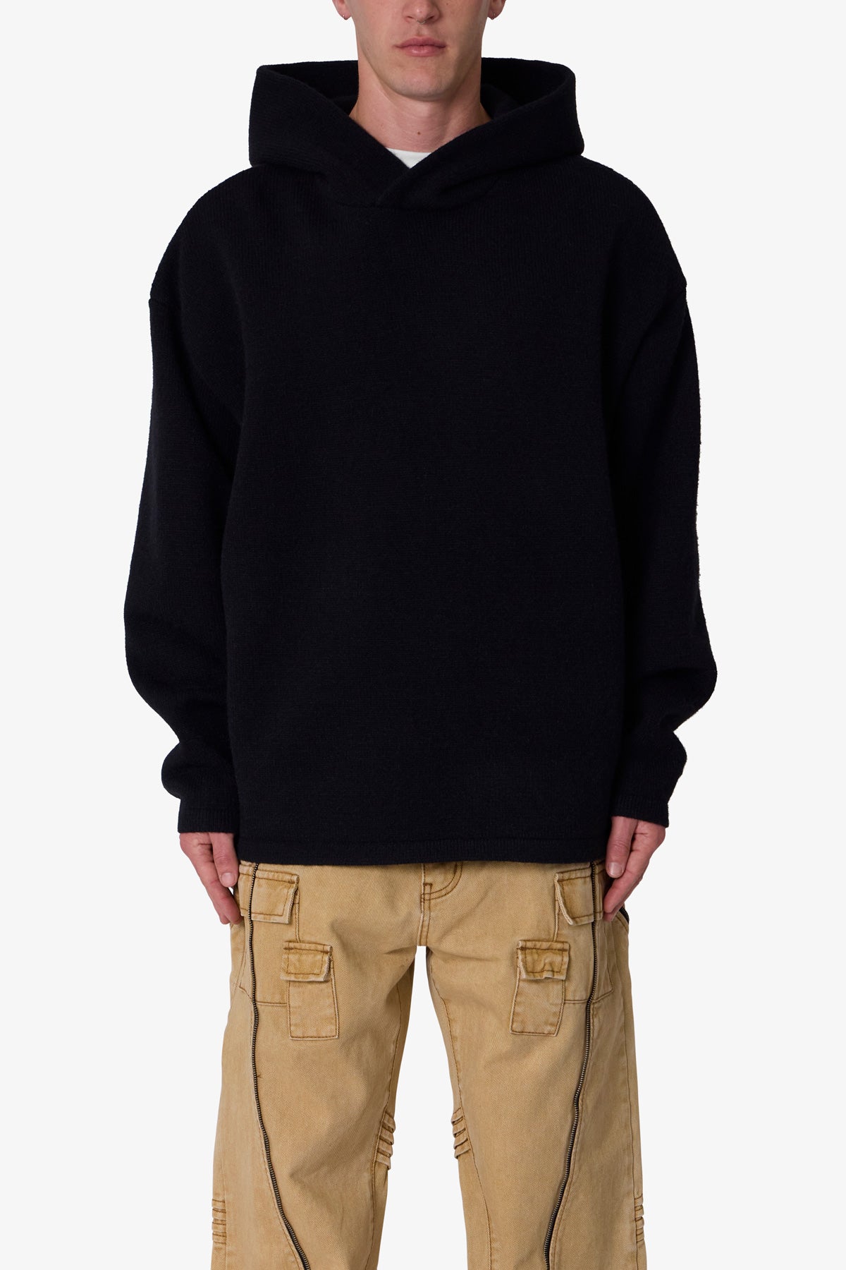 Tonal Grain Knitted Hoodie | Black