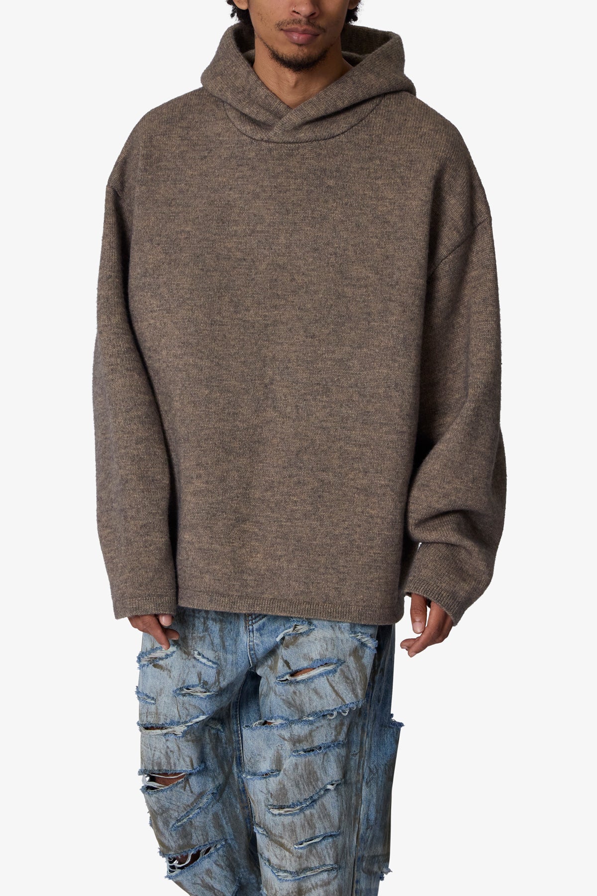 Tonal Grain Knitted Hoodie | Brown