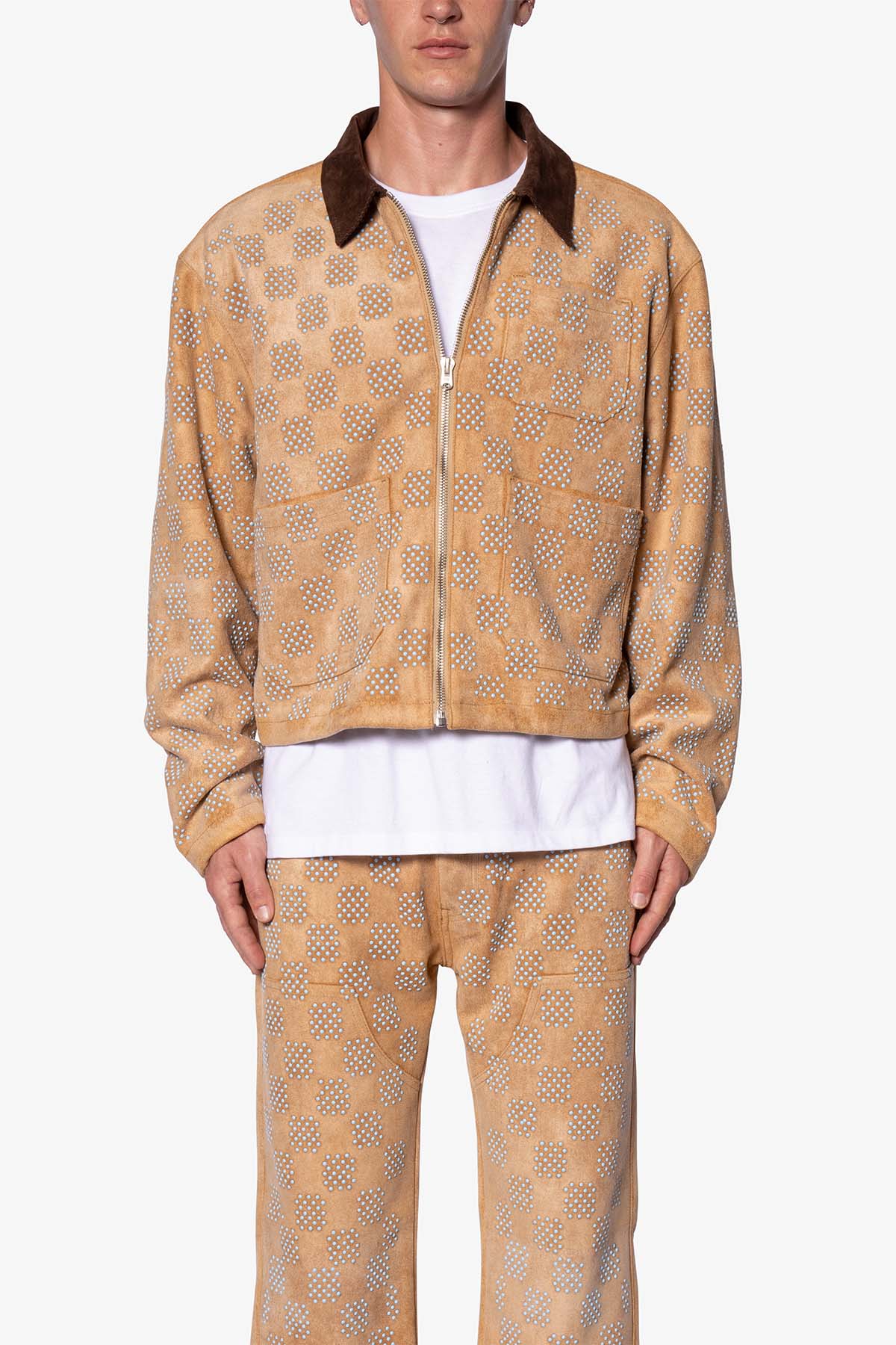 Turquoise Studded Checker Jacket | Tan