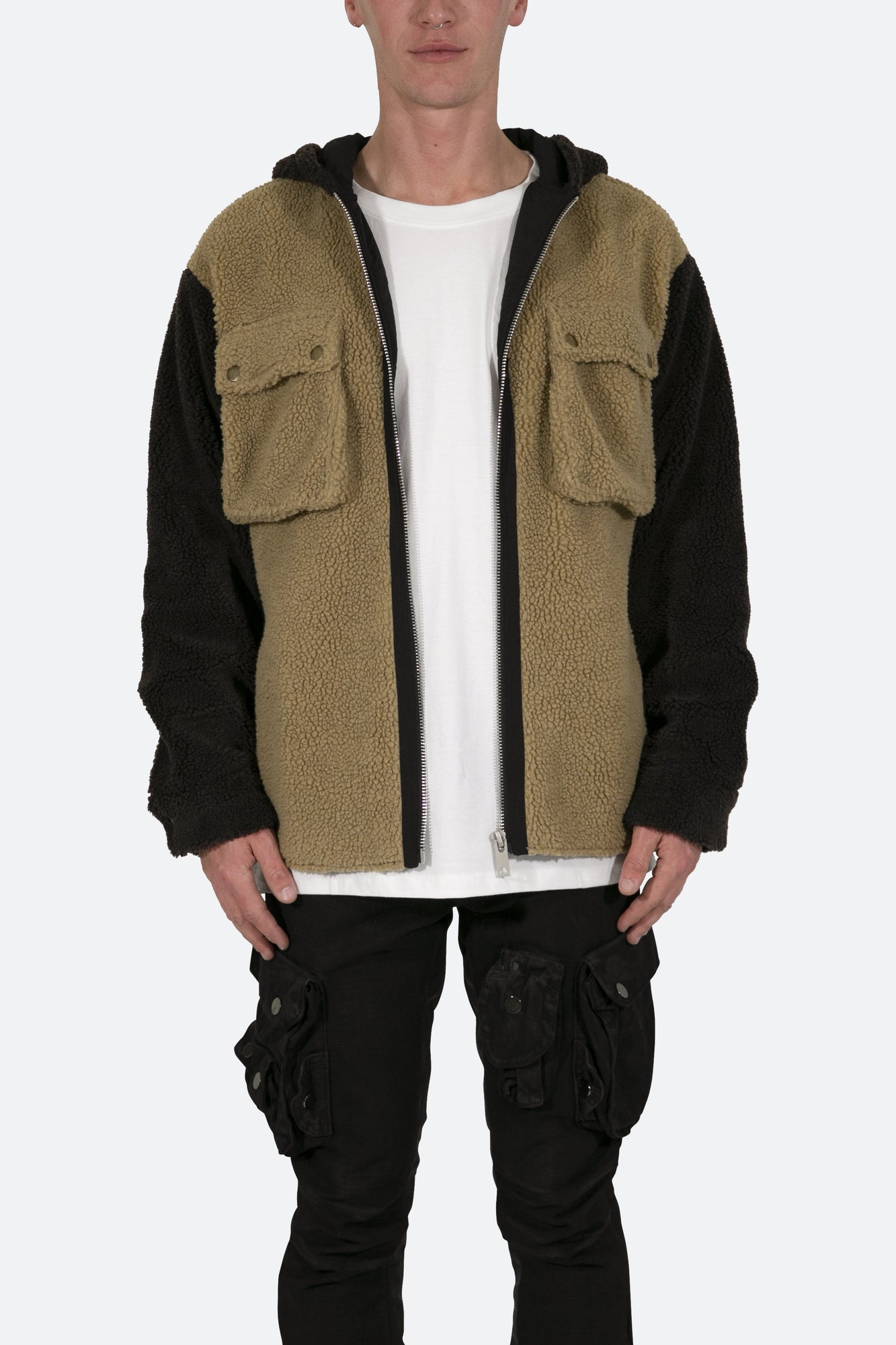 Two Tone Sherpa Zip Up Hoodie | Brown
