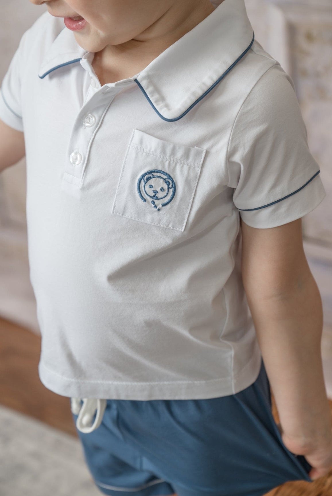 Unisex | and Pima Cotton Polo Top and Shorts Set | Navy x White