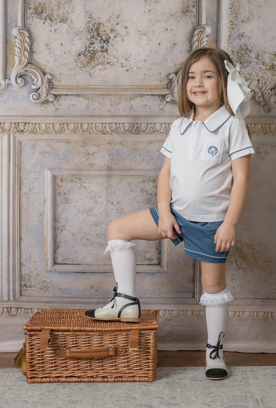 Unisex | and Pima Cotton Polo Top and Shorts Set | Navy x White
