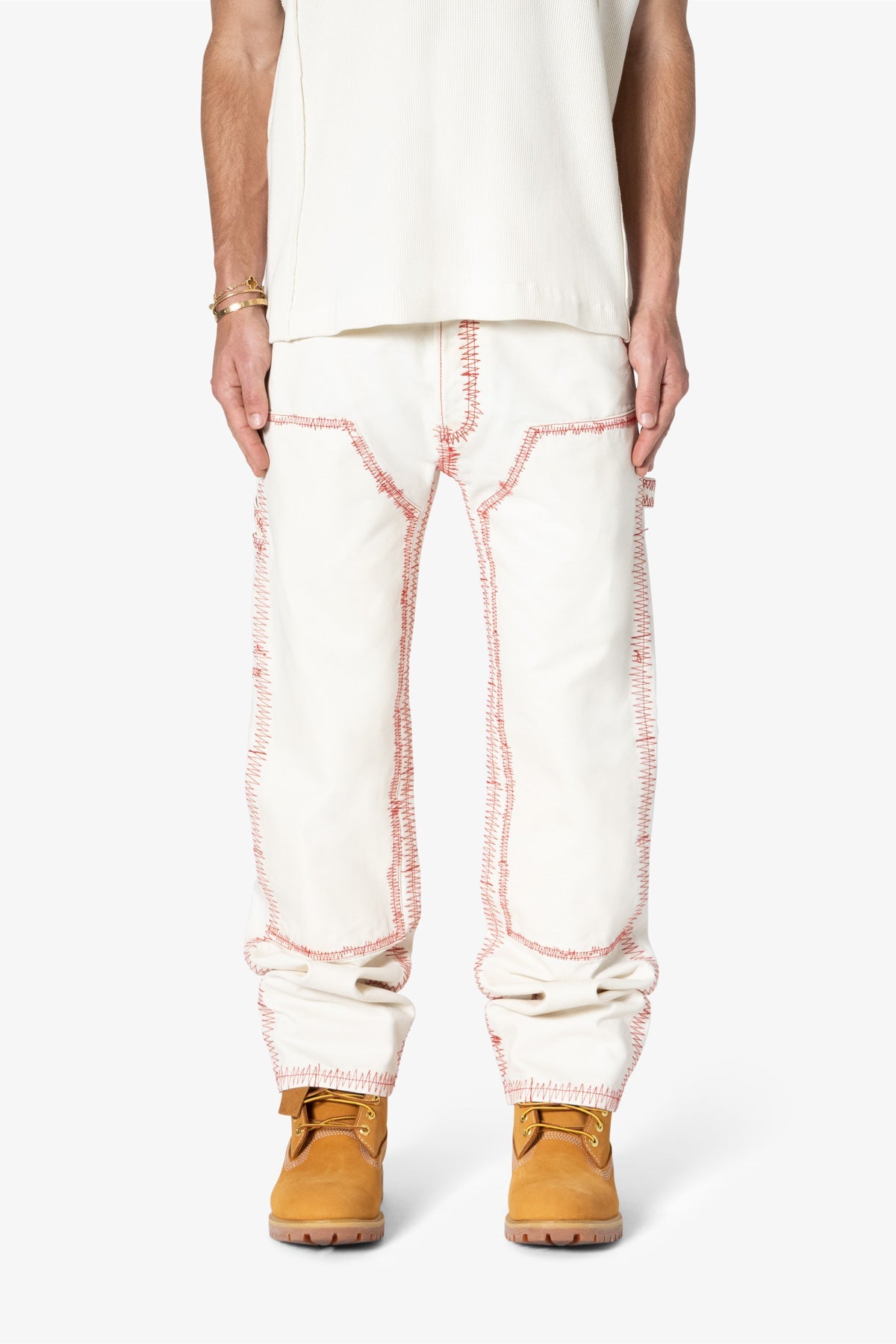 V711 Zig Zag Stitch Baggy Denim | White x Red