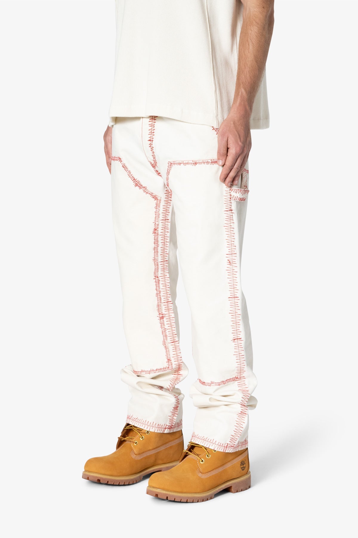 V711 Zig Zag Stitch Baggy Denim | White x Red