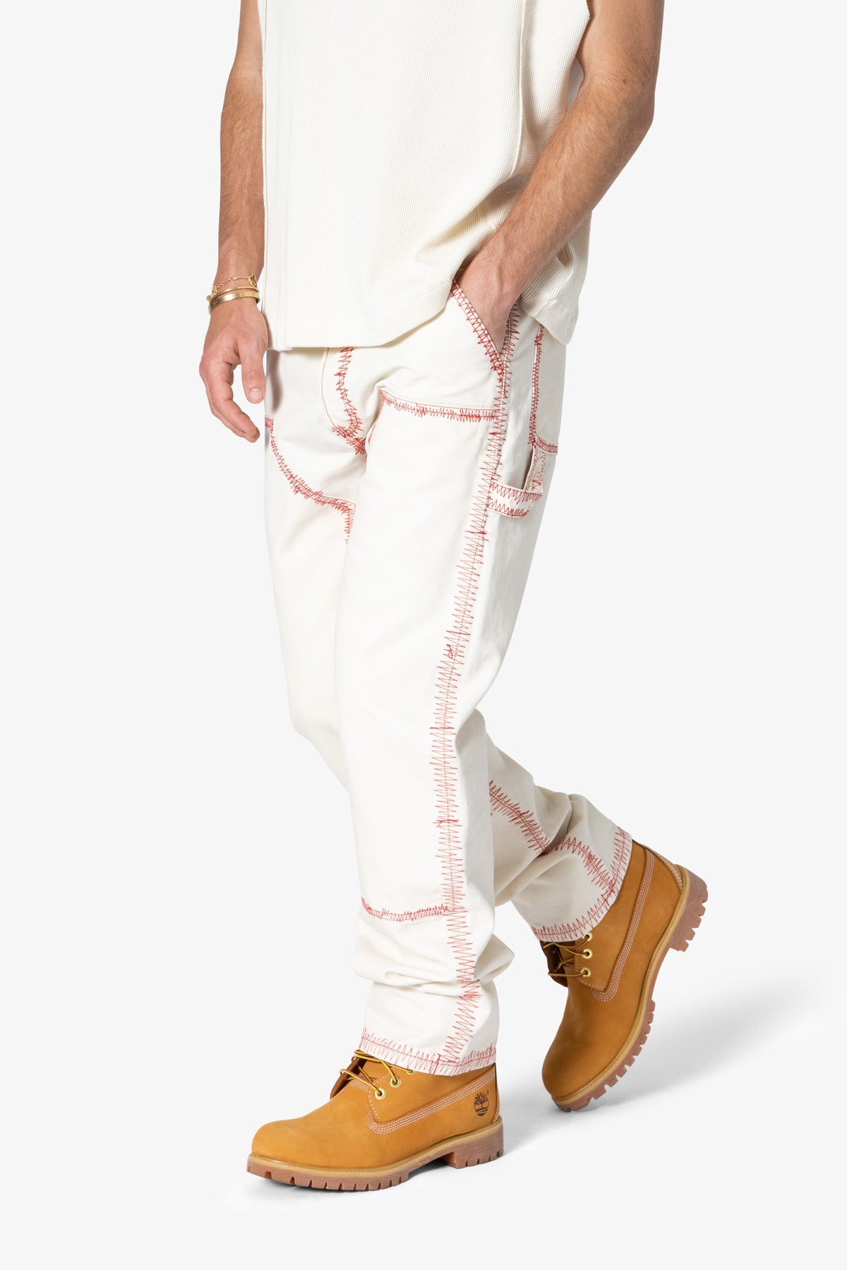 V711 Zig Zag Stitch Baggy Denim | White x Red