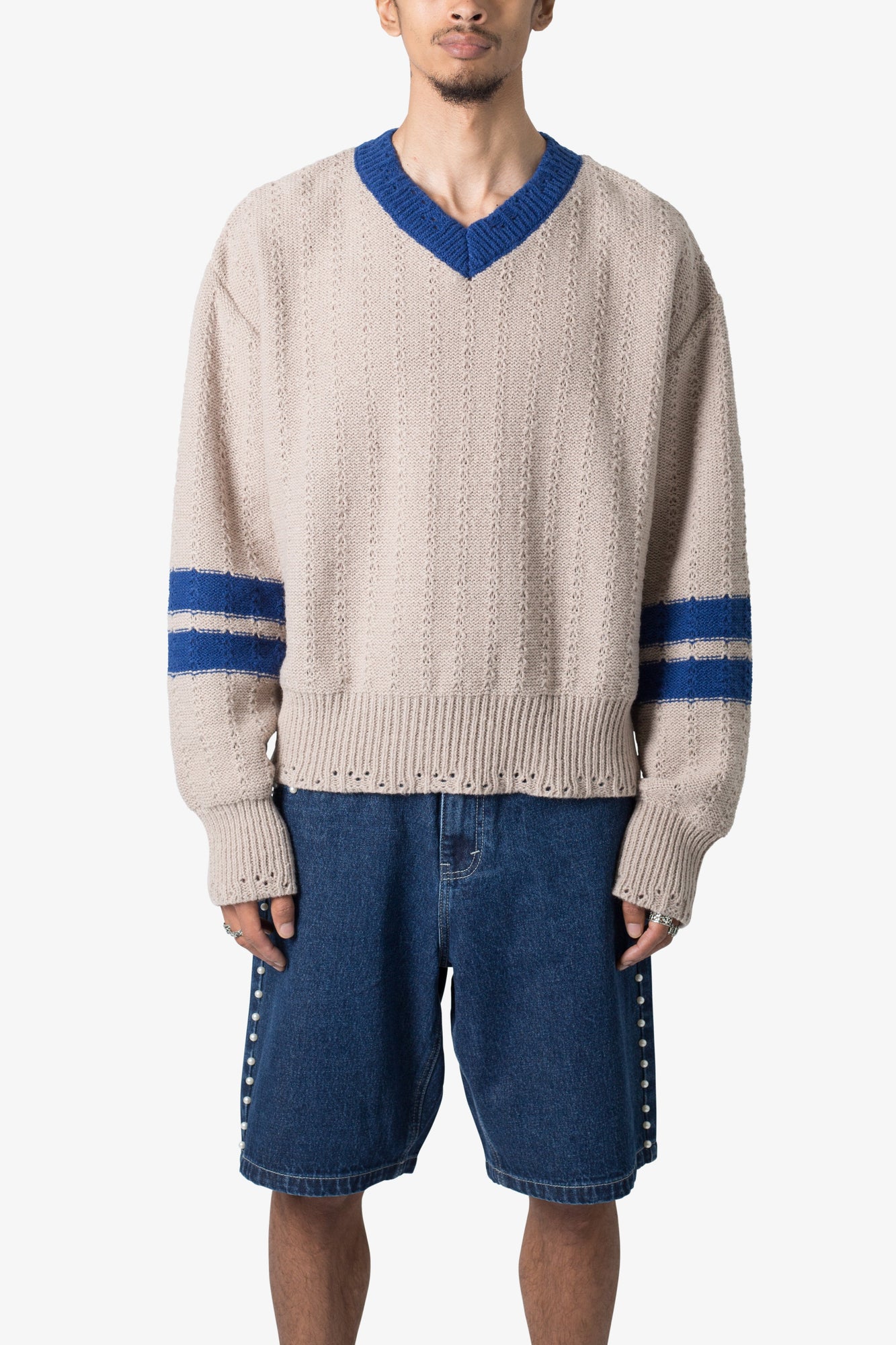 Varsity V Neck Sweater | Off White x Blue