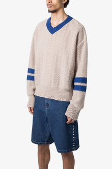 Varsity V Neck Sweater | Off White x Blue