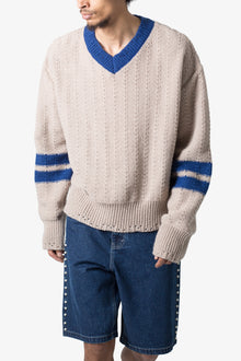 Varsity V Neck Sweater | Off White x Blue