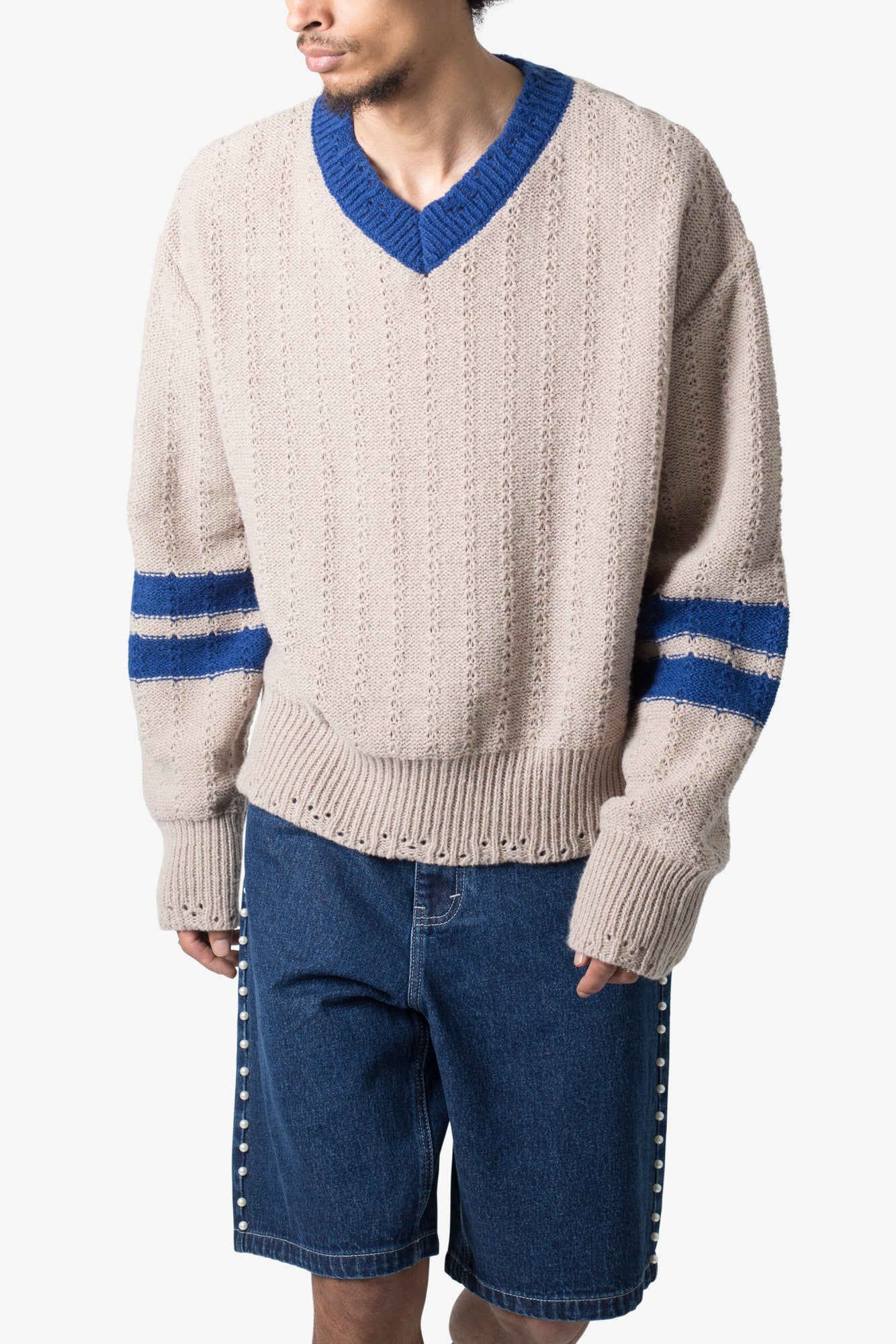 Varsity V Neck Sweater | Off White x Blue