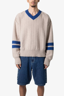 Varsity V Neck Sweater | Off White x Blue