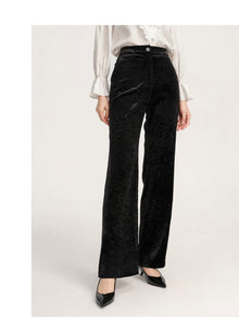 Velvet High-Waisted Wide-Leg Trouser | Black