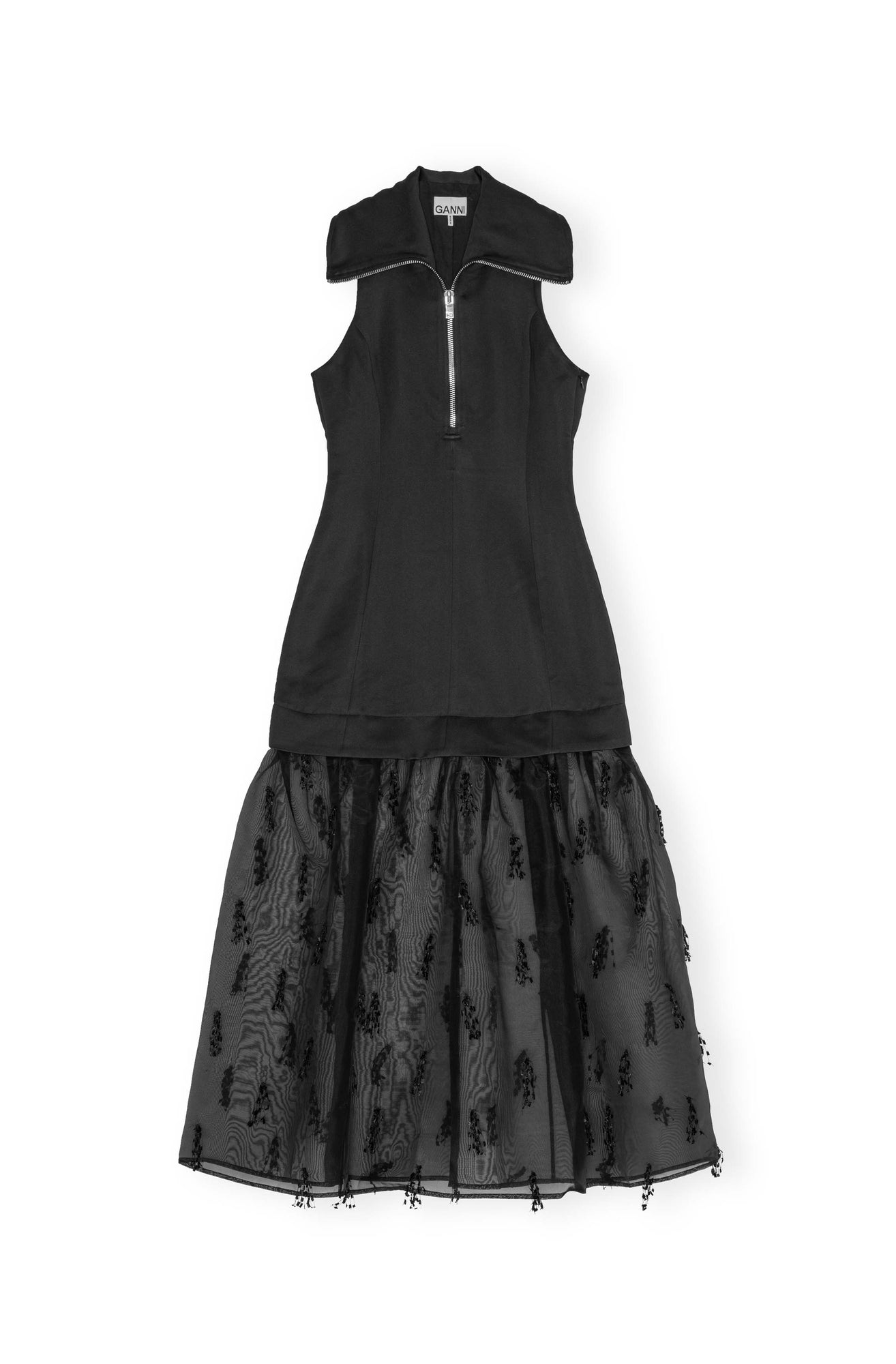 Fringed Organza Long Dress | Black