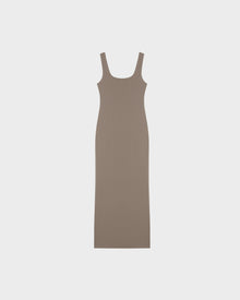 The Rudsak WANDA - 8524035 Cement is a sleeveless, ankle-length women’s maxi dress in fitted taupe stretch performance fabric with a scoop neckline, shown against a plain white background.