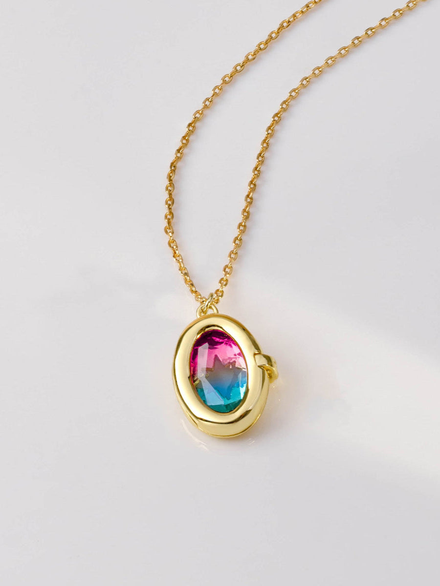 Aura Ombre Locket Necklace | Fuchsia/Turquoise Glass | 14K Gold Plated Brass