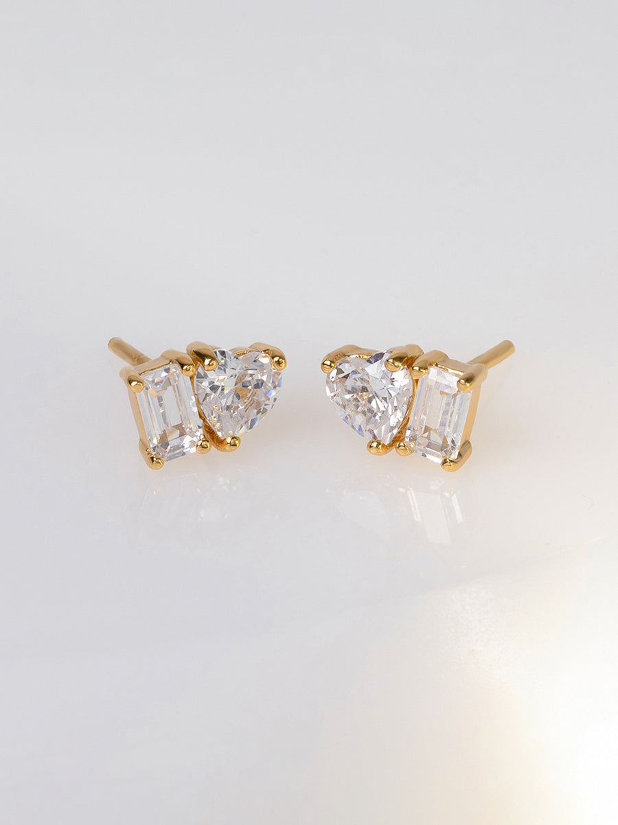 Heart Baguette Duo Stud Earrings | 5A Grade Cubic Zirconia | 14K Gold Plated Brass
