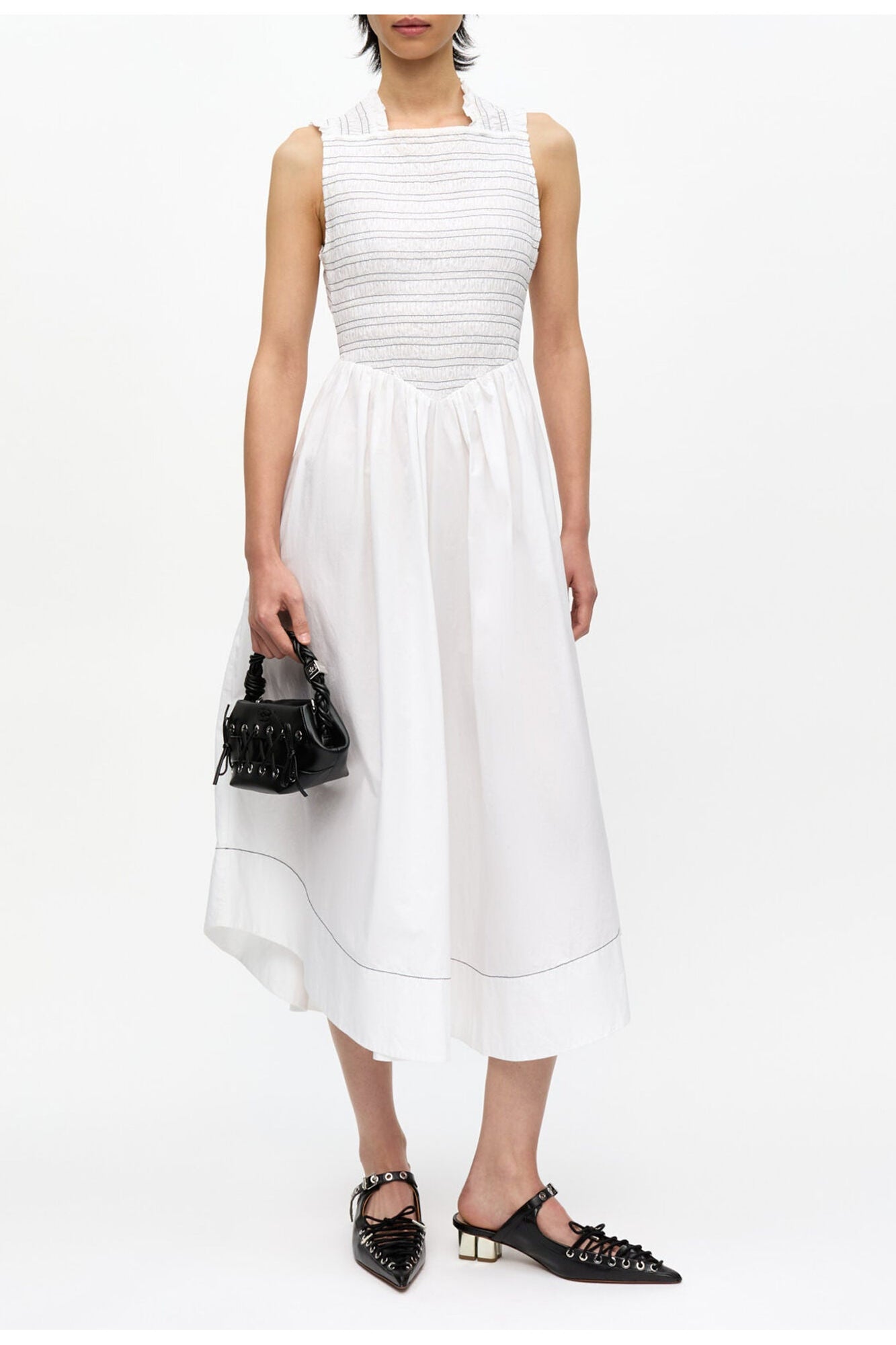 Washed Stretch Cotton Smock Midi Dress | Bright White