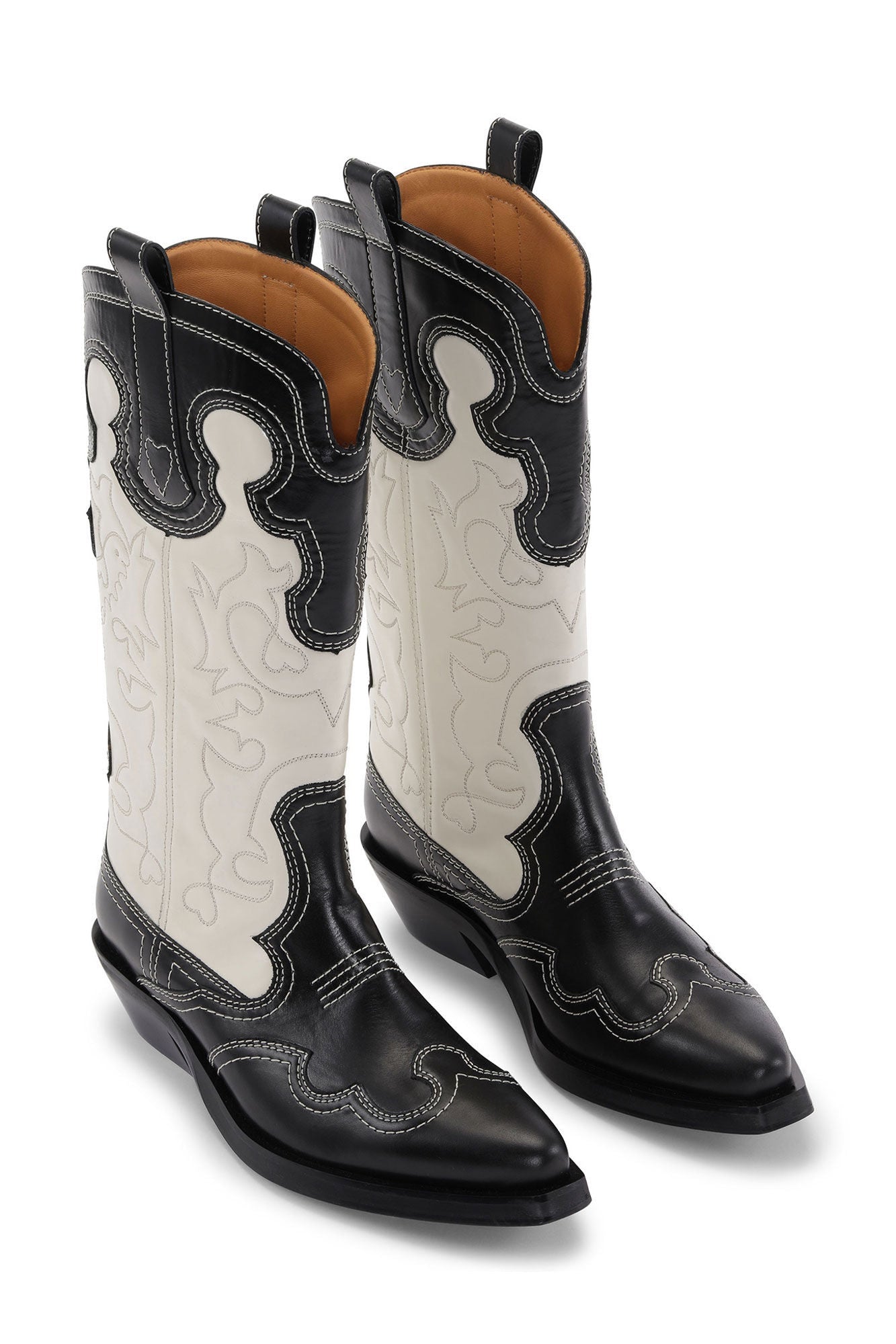 White Mid Shaft Embroidered Western Boots | Black/Egret