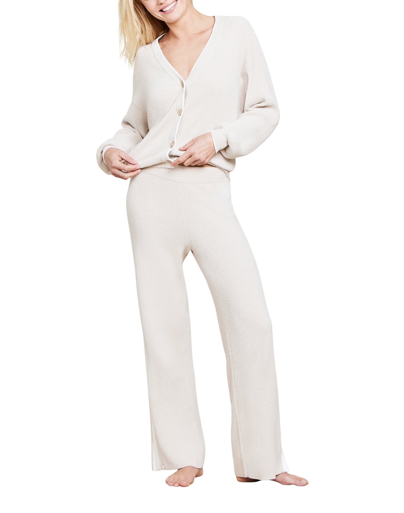 Women | Cozychic Ultra Lite Contrast Ribbed Cardigan | Stone-Pearl