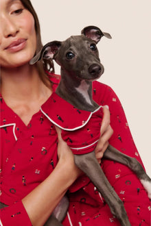 Model is wearing Gisele Printed TENCEL Modal Pet PJ  in Nutcracker Holly Red/Ivory