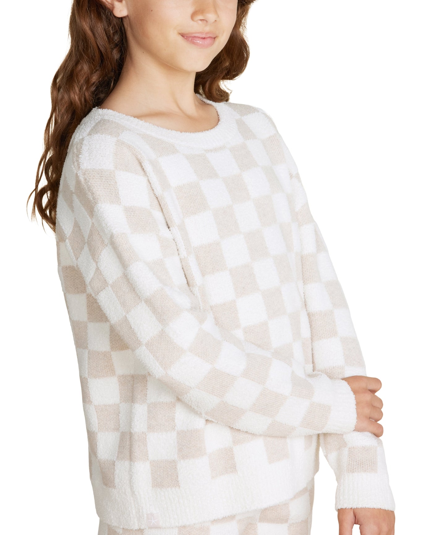 Youth | Cozychic Cotton Checkered Pullover | Oatmeal-Cream