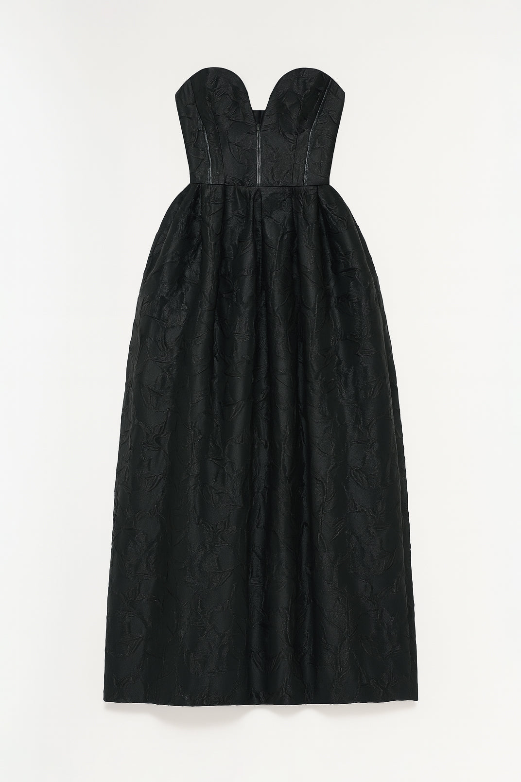 Black jacquard bustier gown with sweetheart neckline and full skirt.