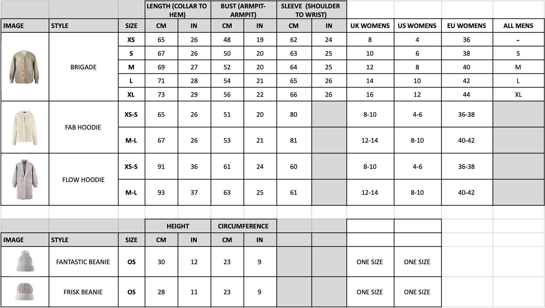 Product size guide