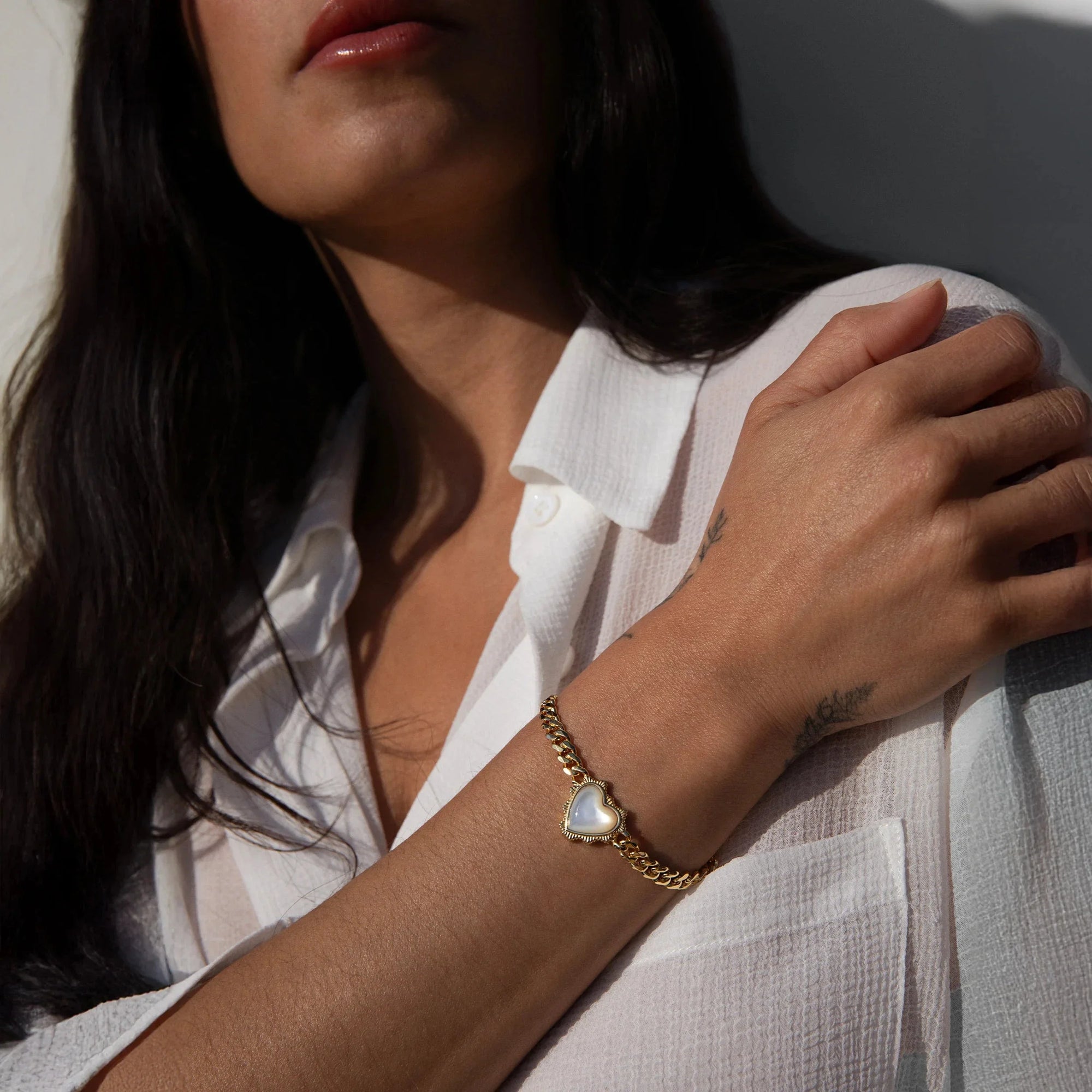 Mother of Pearl Heart Cuban Bracelet | 14K Yellow Gold Vermeil