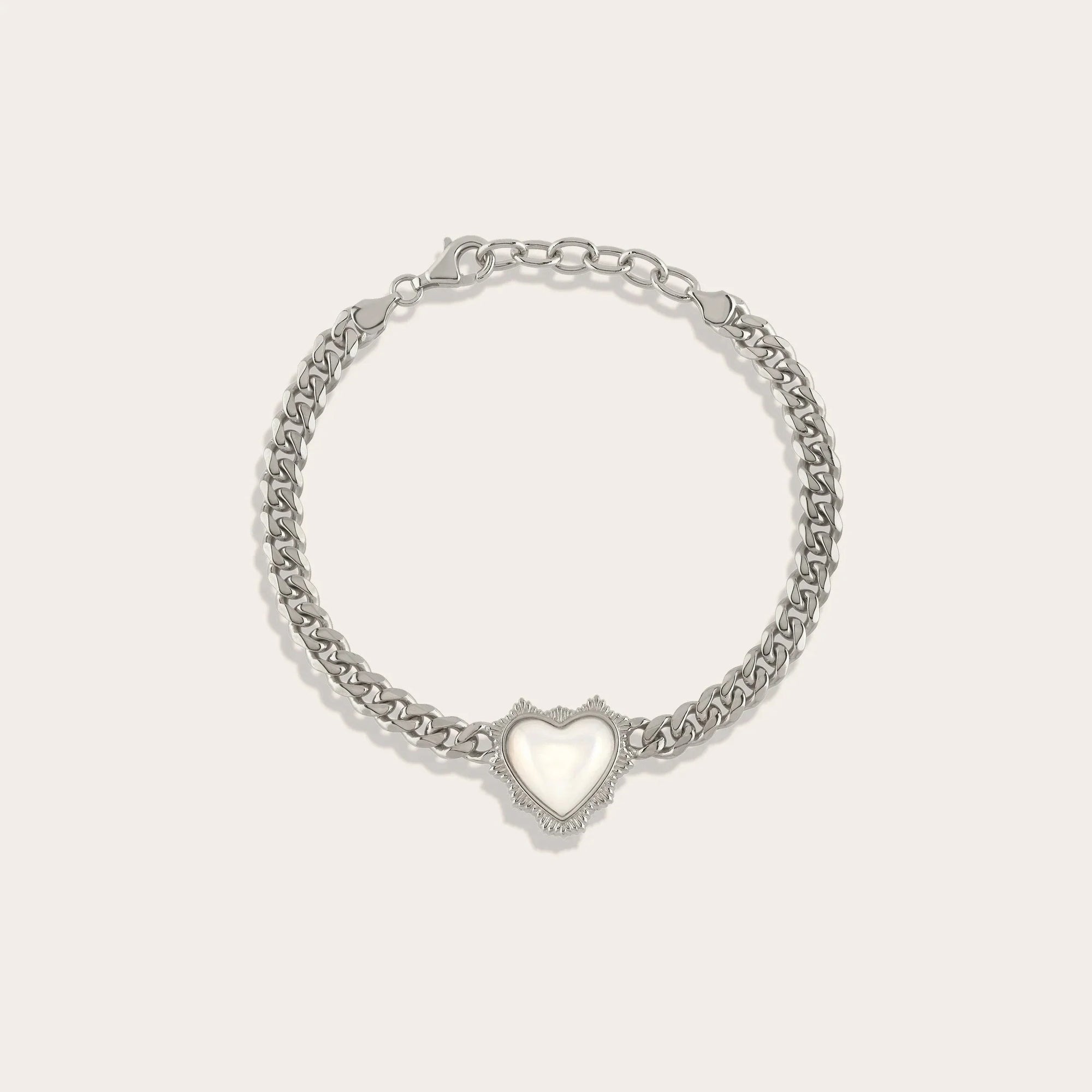 Mother of Pearl Heart Cuban Bracelet | Sterling Silver